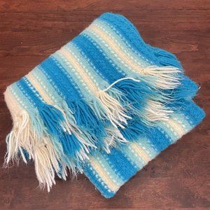Vintage Alpaca Wool Throw Blanket Fringe Afghan‎ Handmade Knit Boho Blue 27x50